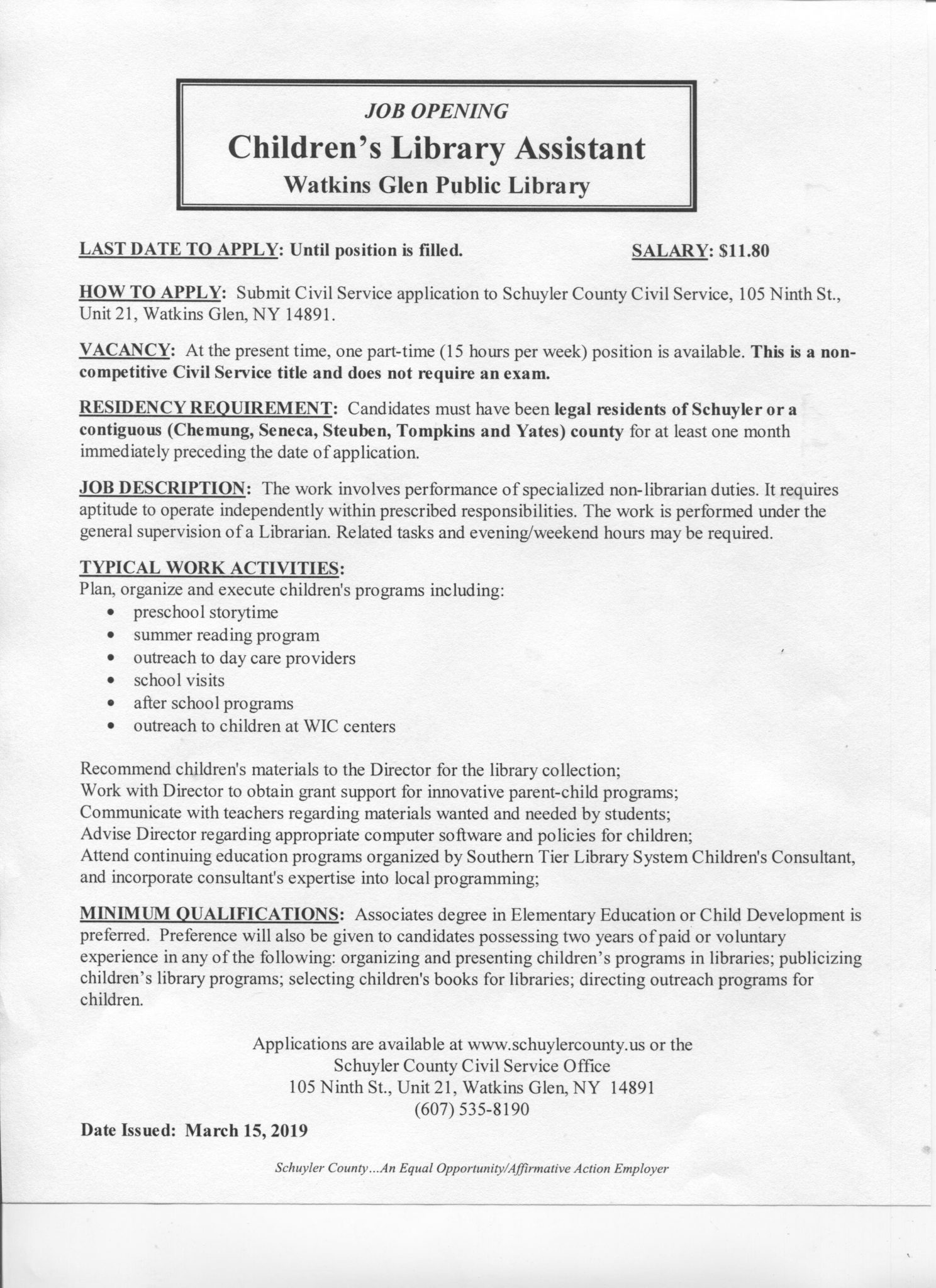 Children's Library Assistant Position