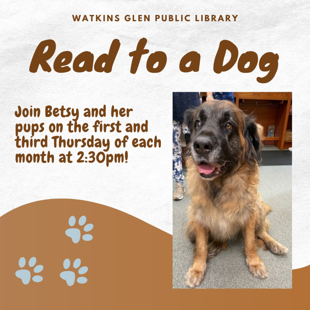 Our Read to a Dog Program is hosted on the first and third Thursday of each month from 2:30pm to 4:30pm.