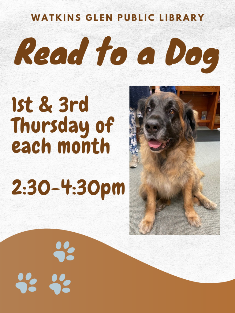 Read to a Dog program on the first and third Thursday of each month from 2:30pm to 4:30pm