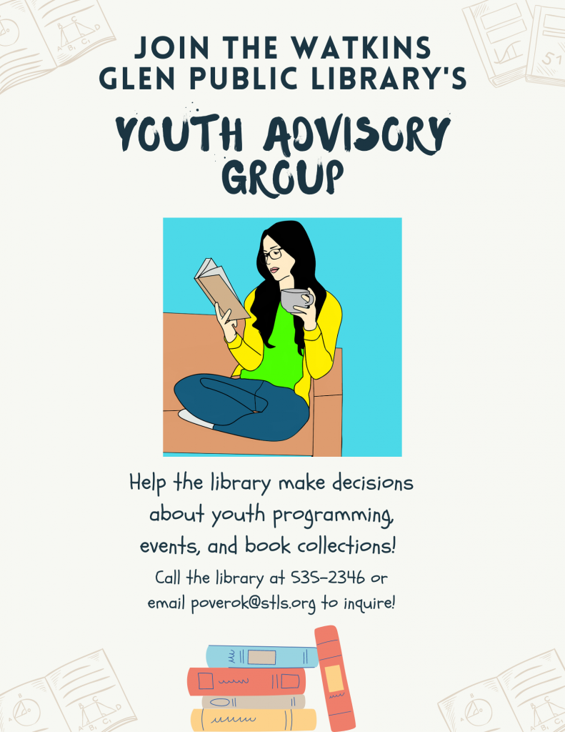 Join the library's new Youth Advisory Group. Help the library make decisions about youth programs, events, and collections. Call the library or email poverok@stls.org for more information.