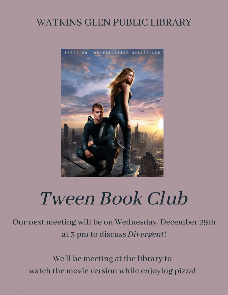 The Tween Book Club will next meet on Wednesday December 29 at 3pm to discuss Divergent by Veronica Roth.