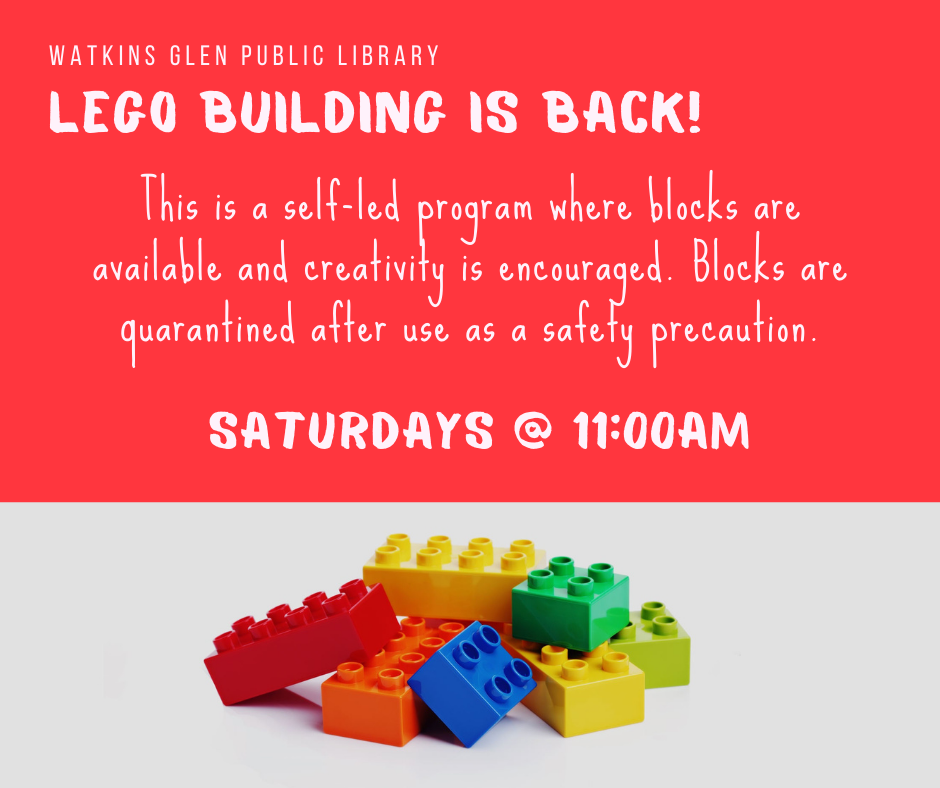 Lego Building is Back! This is a self-led program where blocks are available and creativity is encouraged. Blocks are quarantined after use as a safety precaution. Saturdays at 11:00 a.m. 