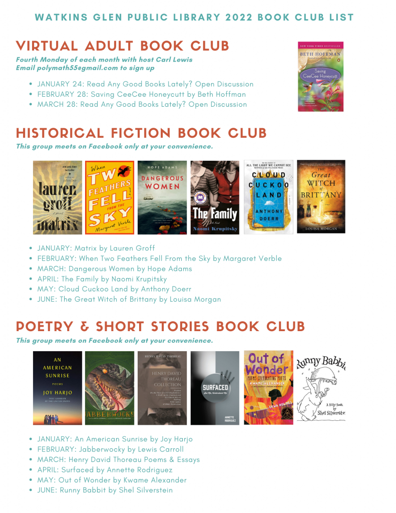 Flyer for 3 book club reading lists in 2022 including Virtual Adult Book Club, Historical Fiction Book Club (Facebook Only), and Poetry & Short Stories Book Club (Facebook Only). Full lists below in text.