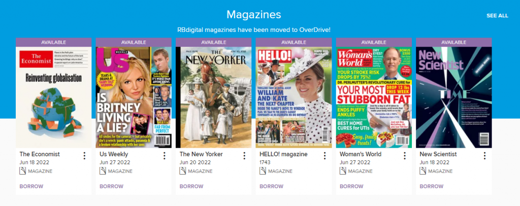 Dozens of magazines are available for checkout on OverDrive and in the Libby app.