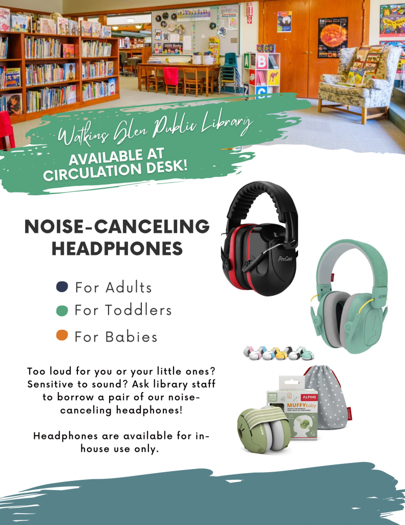 Noise-canceling headphoens available for adults, toddlers, and babies for use in-house. Not available for checkout. Please ask the Circulation Desk to borrow a pair during your next visit.