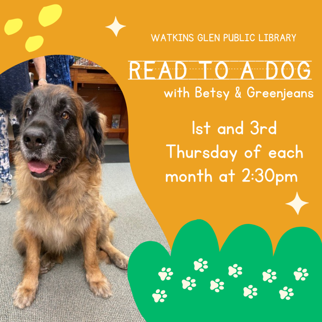 Read to a Dog program is on the 1st and 3rd Thursday of each month at 2:30pm.