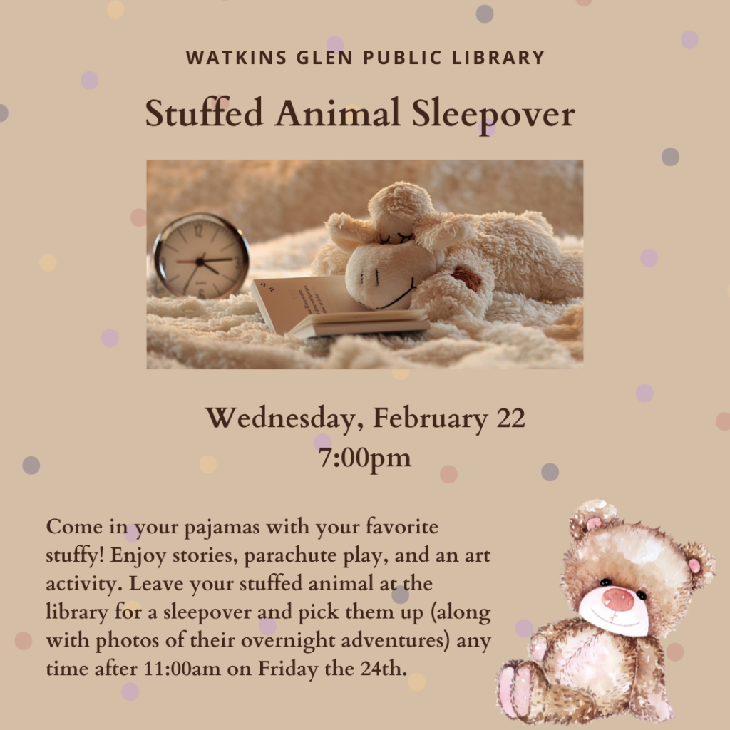 Stuffed Animal Sleepover on Wednesday 2/22 at 7pm. Come in your pajamas with your favorite stuffy. Enjoy stories, parachute play, and an art activity. Leave your stuffy overnight for a sleepover and pick them up any time after 11am on Friday 2/24. Pictures of their sleepover activities will be waiting for you upon pick up! 