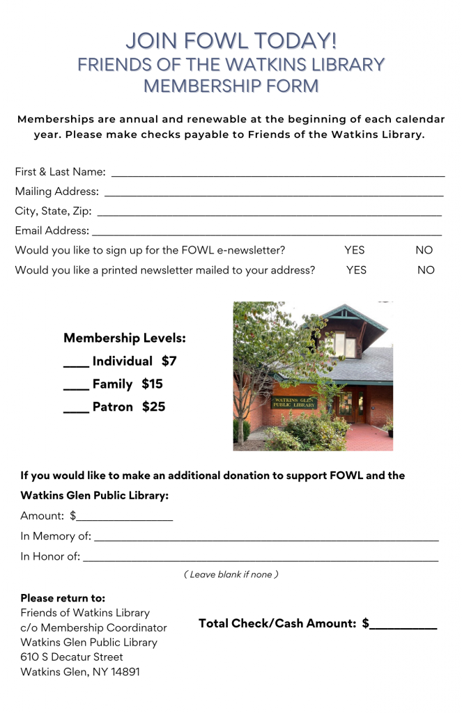 Please return this form to Friends of the Watkins Library completed to join FOWL. Include name, address, and email. What level of membership are you interested in? ($7 Individual, $15 Family, $25 patron). Would you like to donate additional funds to support FOWL and the WGPL? If so, how much? Is this in Memory of or in Honor of? Thank you! Make checks payable to Friends of the Watkins Library.
