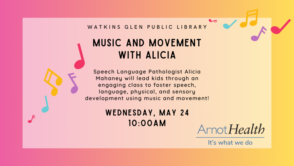 Music and Movement with Alicia in place of our regularly scheduled Storytime on Wednesday, 5/24 at 10am.