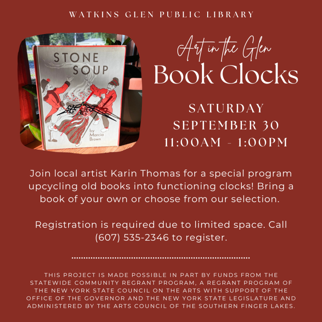 Join us for a special art program creating functioning clocks out of upcycled books with Karin Thomas! This event is on Saturday, 9/30 at 11am.