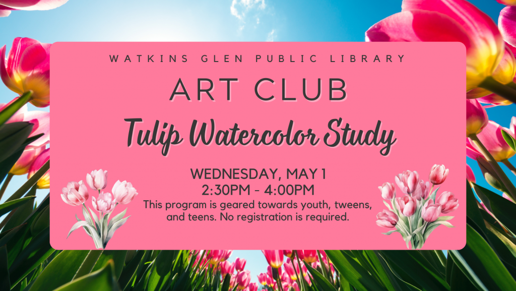Our next Art Club will be on Wednesday, May 1st at 2:30pm. We will do a Tulip Watercolor Study. A study can be a drawing, painting, or sketch used as practice towards a final piece. Studies are used to understand potential problems in working with different elements such as colors, form, and light.