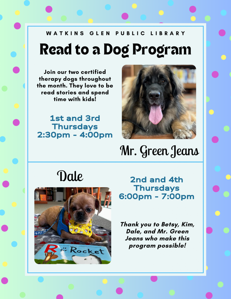 Join our two certified therapy dogs throughout the month. They love to be read stories and spend time with kids! 1st and 3rd Thursdays at 2:30pm and 2nd and 4th Thursdays at 6pm
