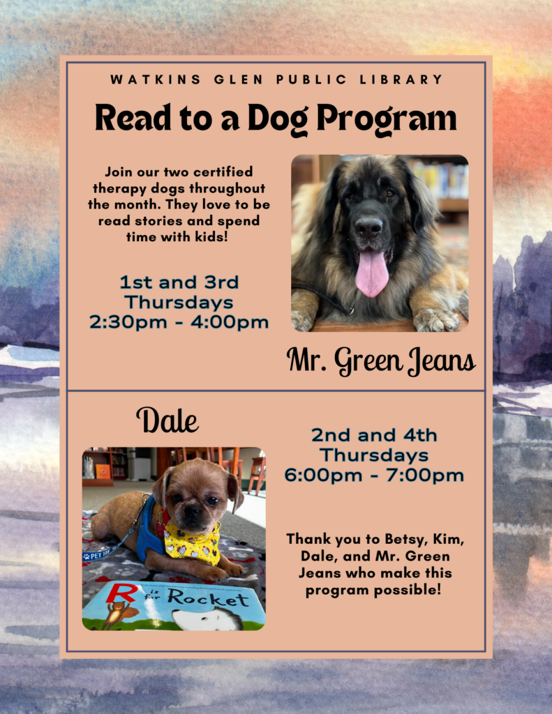 Read to a Dog Program features two certified therapy dogs. Join Mr. Green Jeans on the 1st and 3rd Thursday of each month at 2:30pm, and join Dale on the 2nd and 4th Thursday at 6pm.