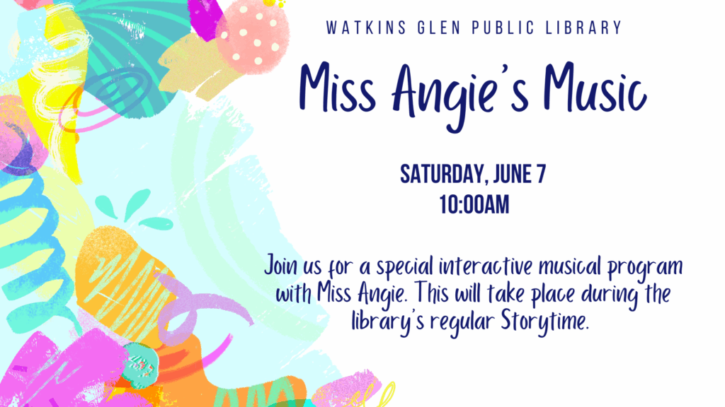 Join us for a special interactive musical program with Miss Angie on Saturday, June 7th at 10:00am. This will be in place of the library's regularly scheduled storytime.