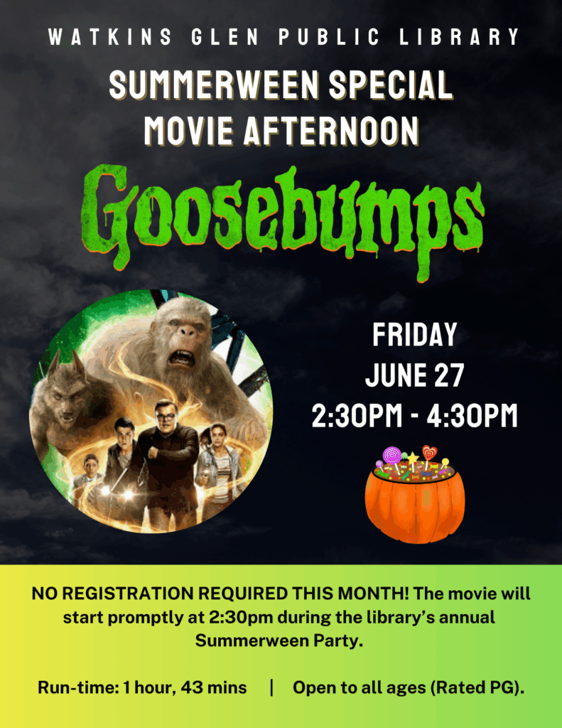 The June program featuring "Goosebumps" will be held during the library's annual Summerween Party so registration is not required. Note that space is limited and it may be unusually noisy during this session due to the high volume of kids at the party on June 27 at 2:30pm.