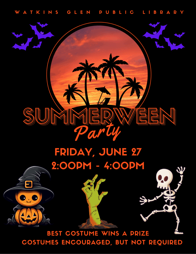 The library's second annual Summerween Party will be on Friday, June 27th from 2pm-4pm at the library. This event is free and geared towards children and teens of all ages.