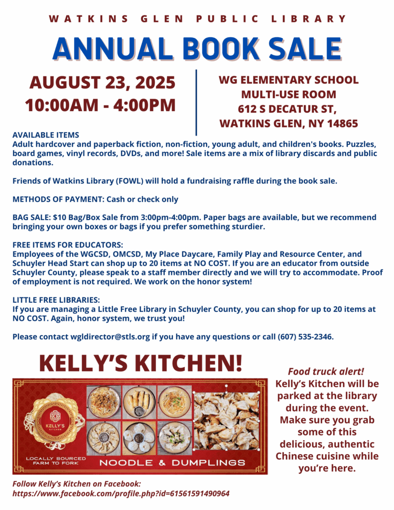 Library Book Sale - Saturday, August 23, 2025 from 10am-4pm at the WG Elementary School Multi-Use Room. We are accepting donations 5/19 - 7/31. 