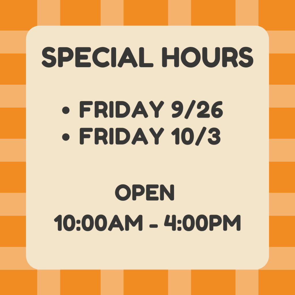 The library will close on hour early at 4:00pm on Friday, September 26th and Friday, October 3rd.