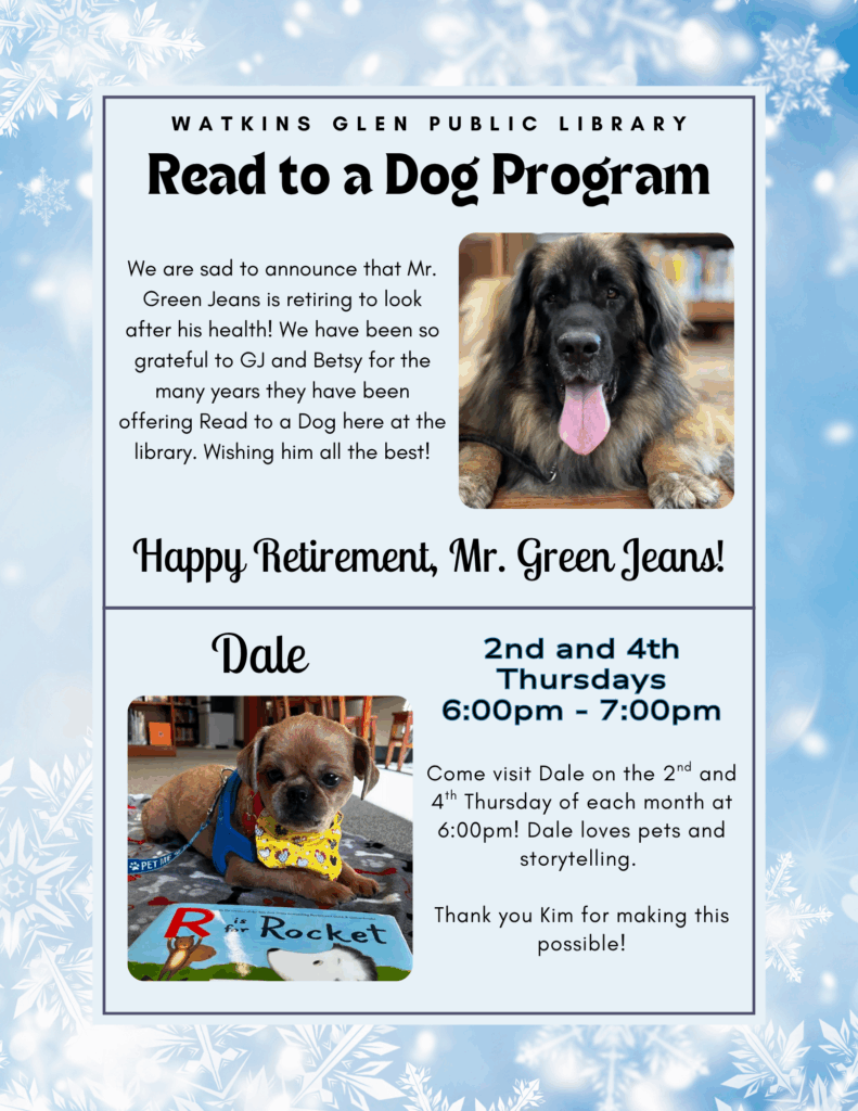 Read to a Dog! Mr. Green Jeans has retired but you can visit Dale and Kim on the 2nd and 4th Thursdays at 6pm.