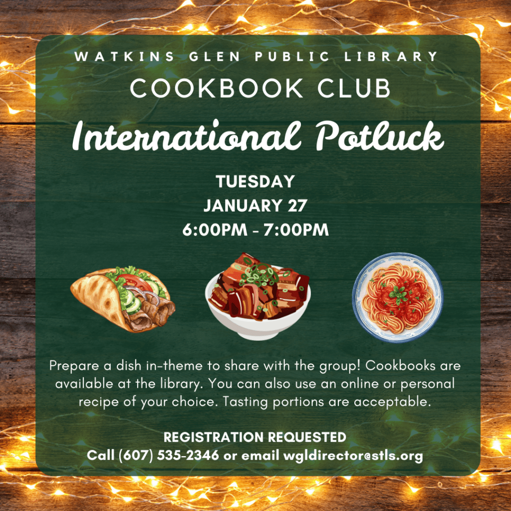 Cookbook Club on Tuesday 1/27 at 6pm-7pm: International Potluck. Registration required.