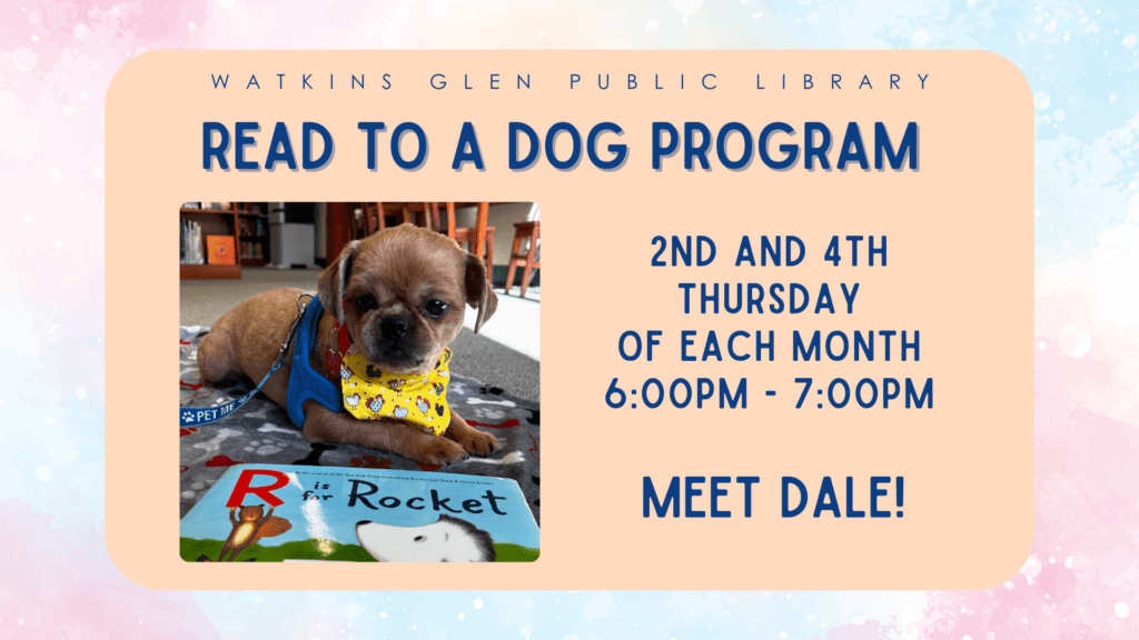 Visit Dale and Kim on the 2nd and 4th Thursdays at 6pm for Read to a Dog.