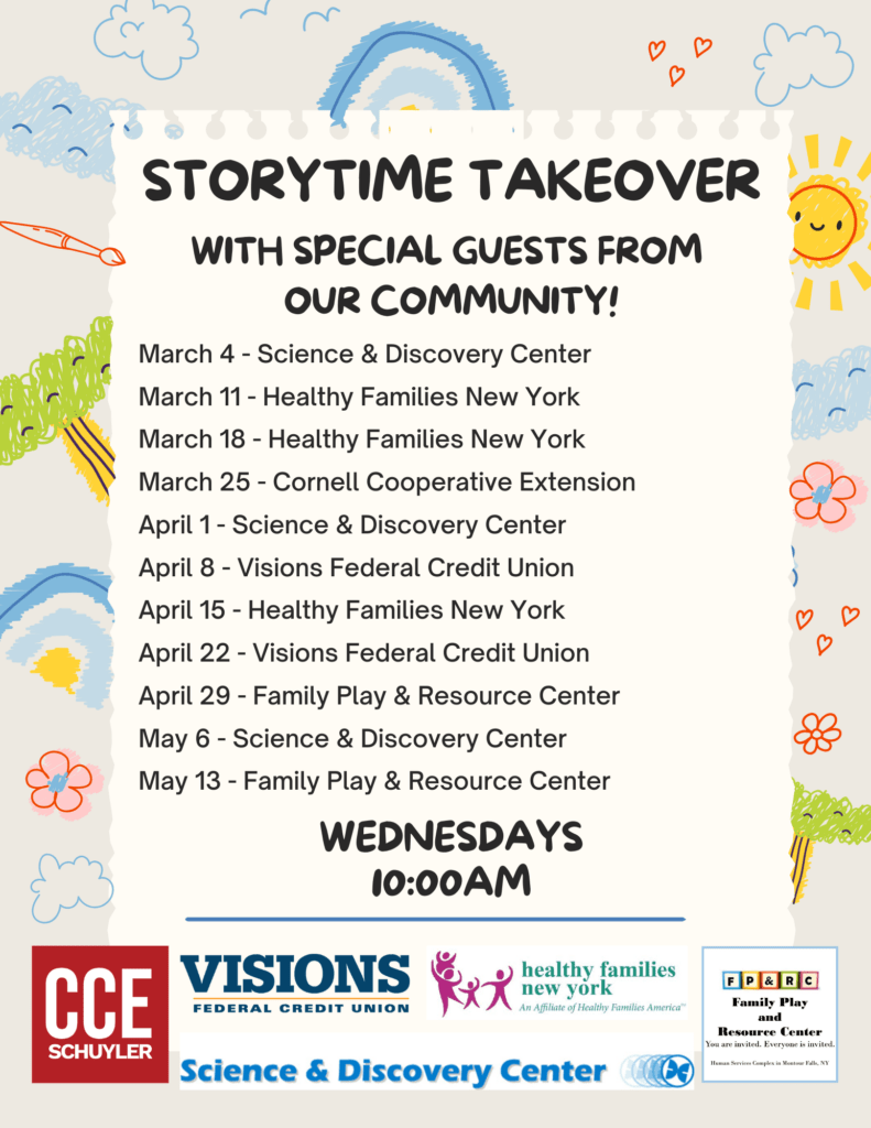 Storytime Takeover featuring special community guests on Wednesday at 10am.