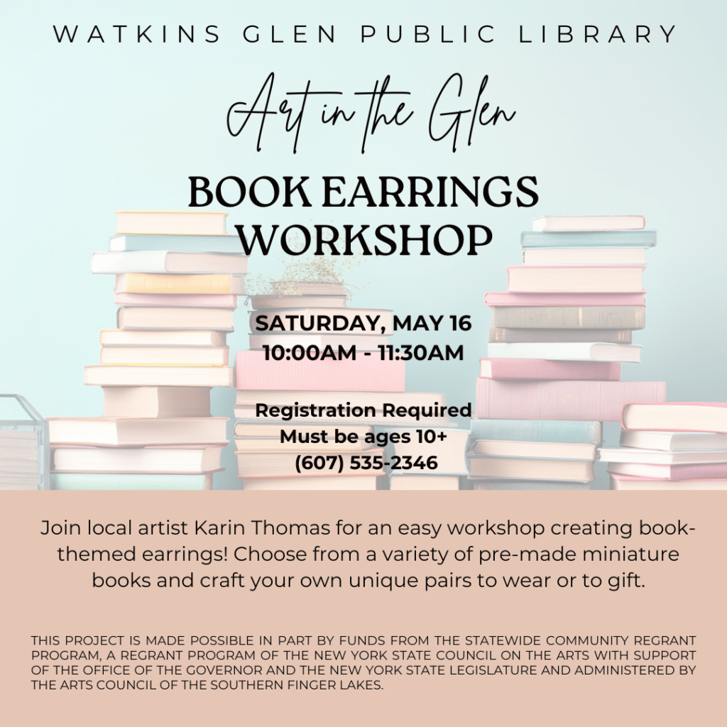 Book Earrings Workshp with Karin Thomas on 5/16 at 10am-11:30am. Registration is required.