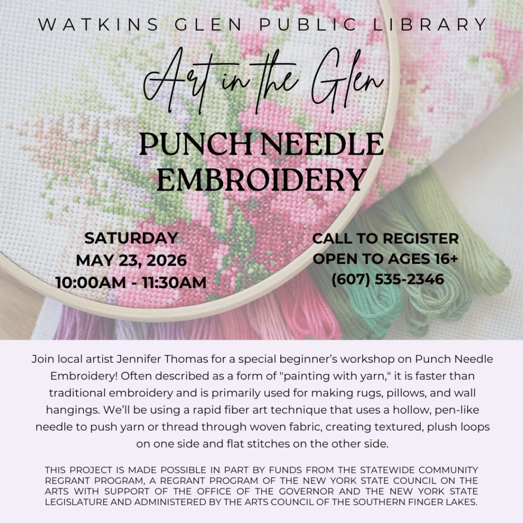 Punch Needle Embroidery on Saturday, 5/23 from 10am-11:30am. Registration required - must be 16+