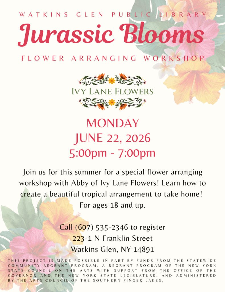 Flower Arranging with Ivy Lane Flowers on Monday, 6/22 from 5-7pm. Free! Must register, 18+ only.