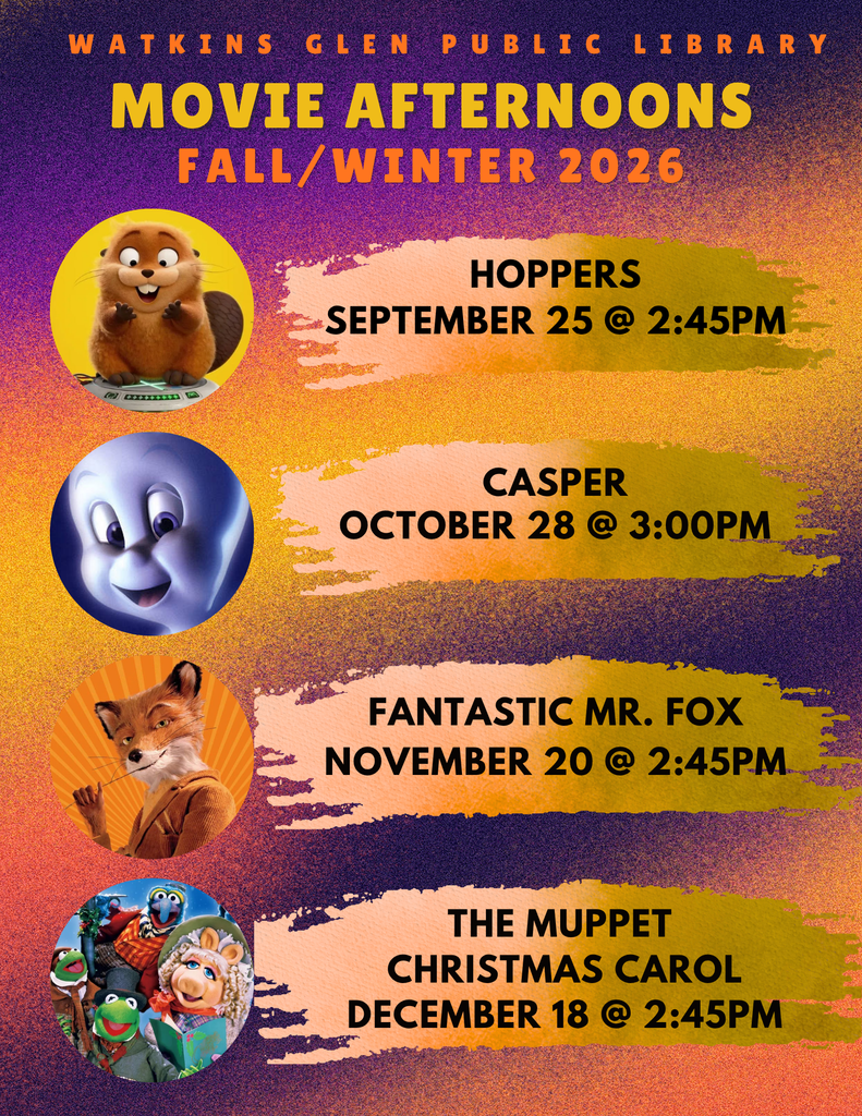 Movie Afternoons for Fall 2026! 9/25 Hoppers, 10/28 Casper, 11/20 Fantastic Mr. Fox, 12/18 The Muppet Christmas Carol