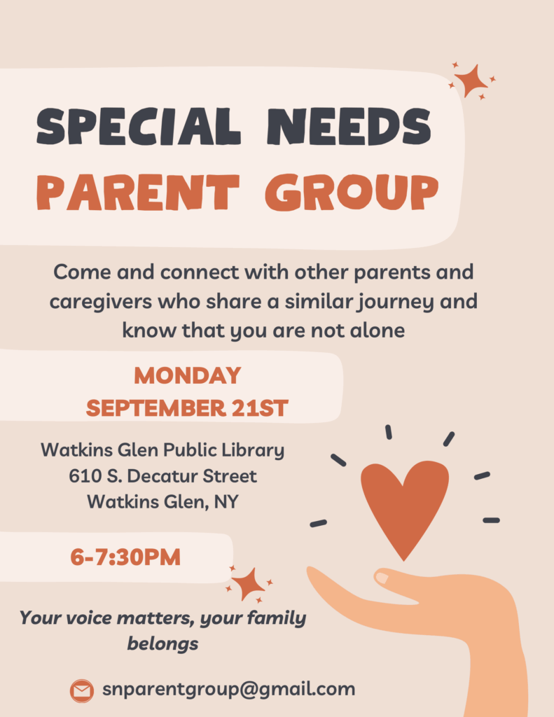 Special Needs Parent Group will meet at the library on Monday, 9/21 from 6-7:30pm