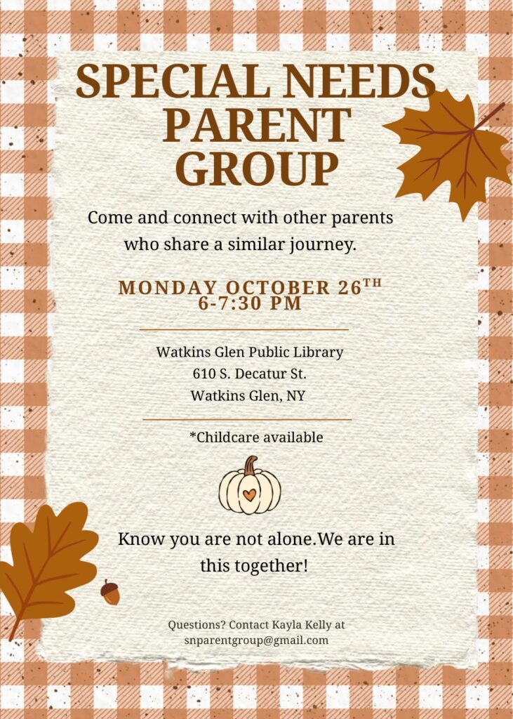 Special Needs Parent Group will meet on 10/26 from 6-7:30pm
