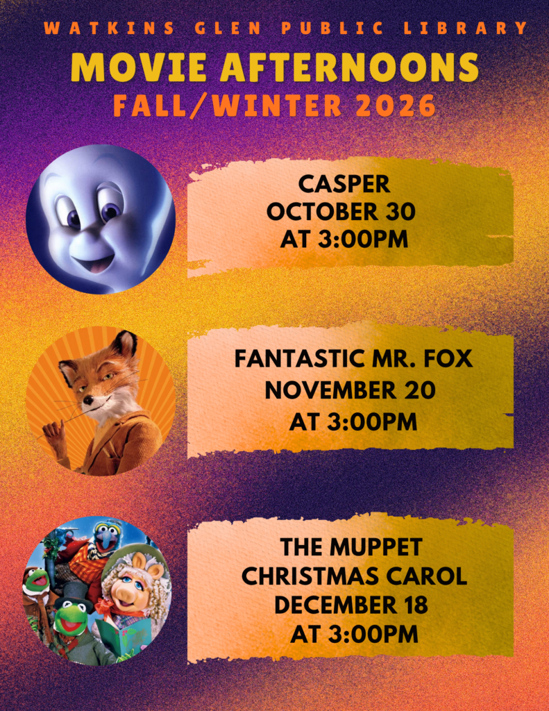 Movie Afternoons for Fall 2026! 9/25 Hoppers, 10/28 Casper, 11/20 Fantastic Mr. Fox, 12/18 The Muppet Christmas Carol