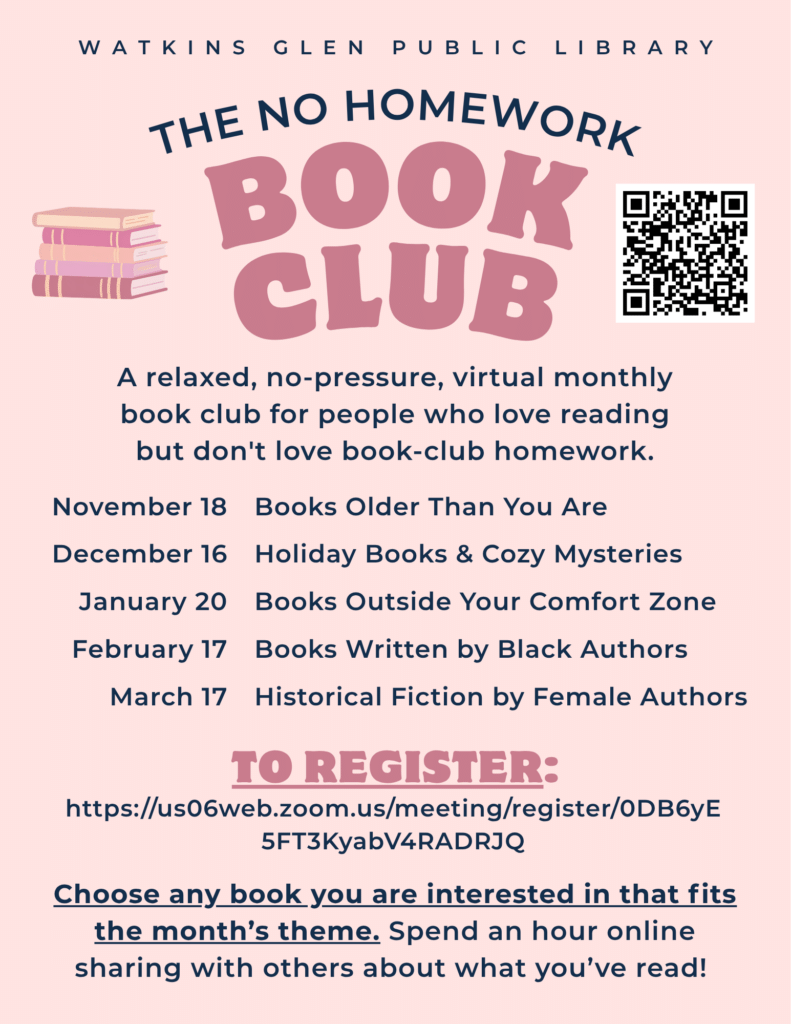 No Homework Book Club kicks off in November! On the 3rd Wednesday of each month from 6-7pm we will meet.